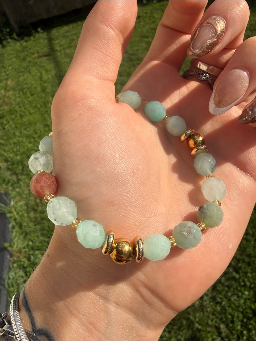 Designer #2 Amazonite Faceted Stretch Bracelet with Gold stainless steel accents